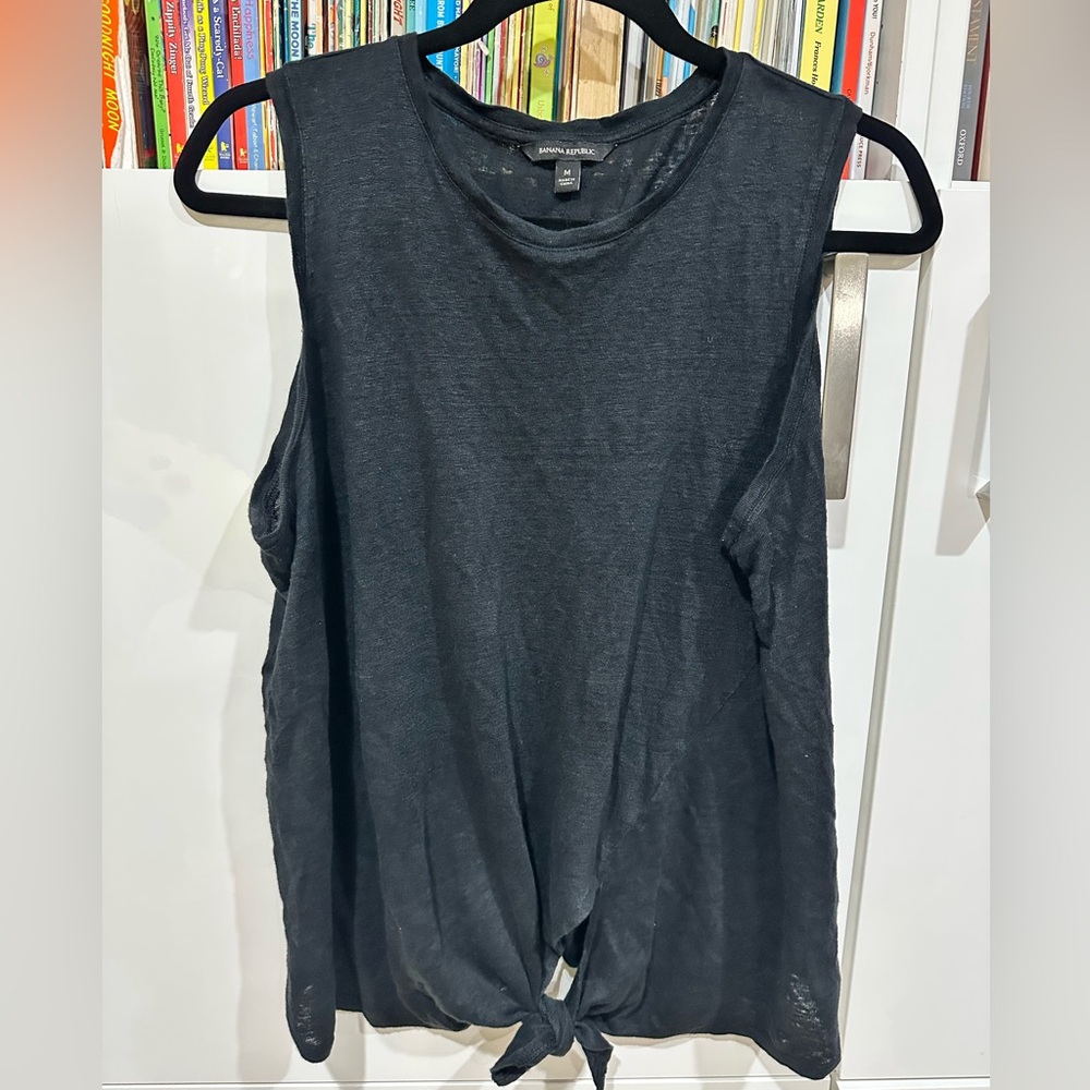 Banana Republic Dark Navy Solid 100% Linen Blend Tie-Hem Tank Summer Beach Easy